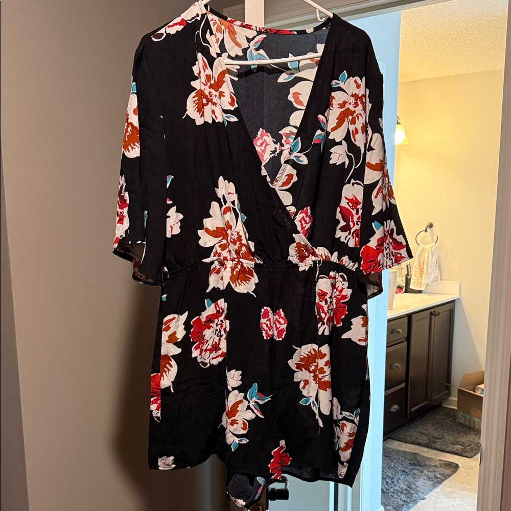 Black Floral Wrap Romper with Red & Cream Blooms